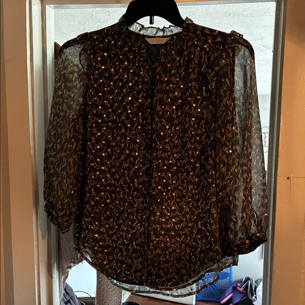 LC Lauren Conrad Emerald Sheer Floral Blouse with Gold Accents
